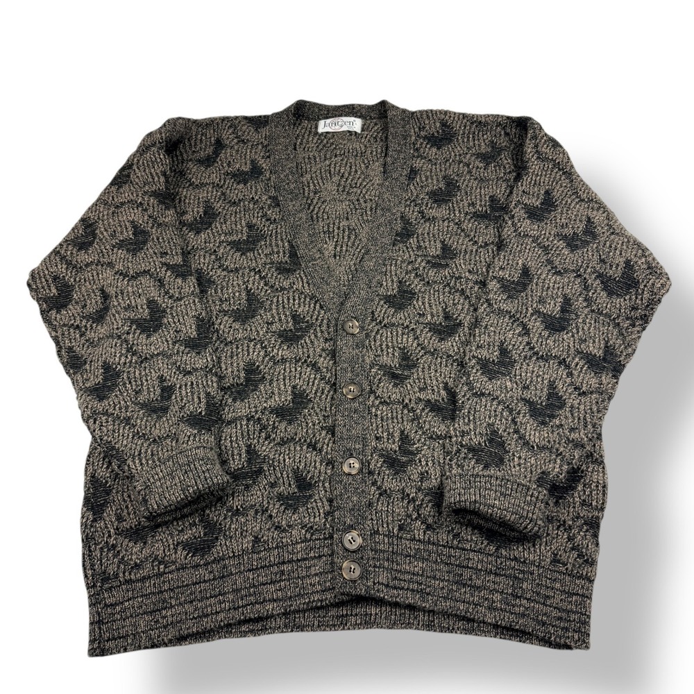Jantzen Mens V-Neck Button Front Cardigan Sweater Tan Black Leaf Pattern Size L